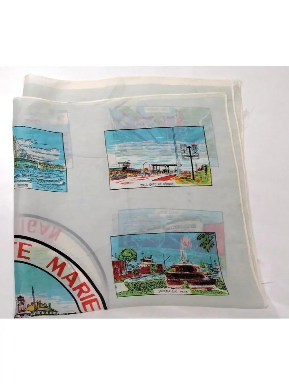 Vintage 1960s MICHIGAN SCARF SAULT STE. MARIE Souvenir Boat Ferry LARGE SIZE 28